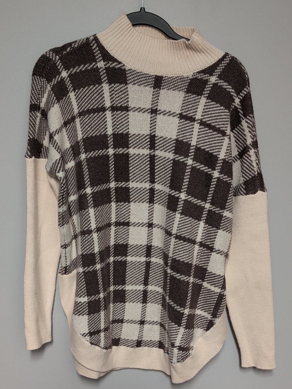 Loft Fashion Cream and Brown Plaid Cowl Neck Sweater